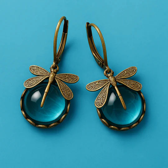 Aimee - Spherical dragonfly earrings in antique gold